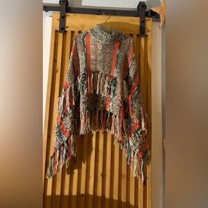 Gracie Skikket Fringe Turtleneck Poncho-Anthropologie